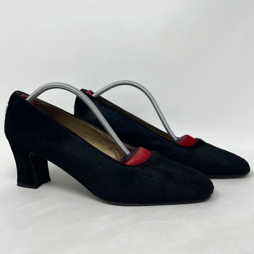 Womens Stuart Weitzman Fur Pumps 9 C Vintage Black Leather Heels Shoes